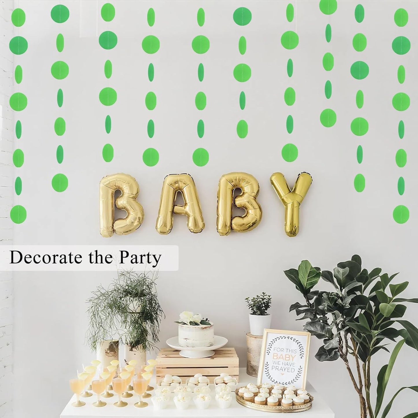 MerryNine Paper Garland 5 Pack, 50ft Glitter Paper Garland Circle Dots Hanging Decor, Banner for Baby Shower, Birthday, Nursery Party Decor (Green)