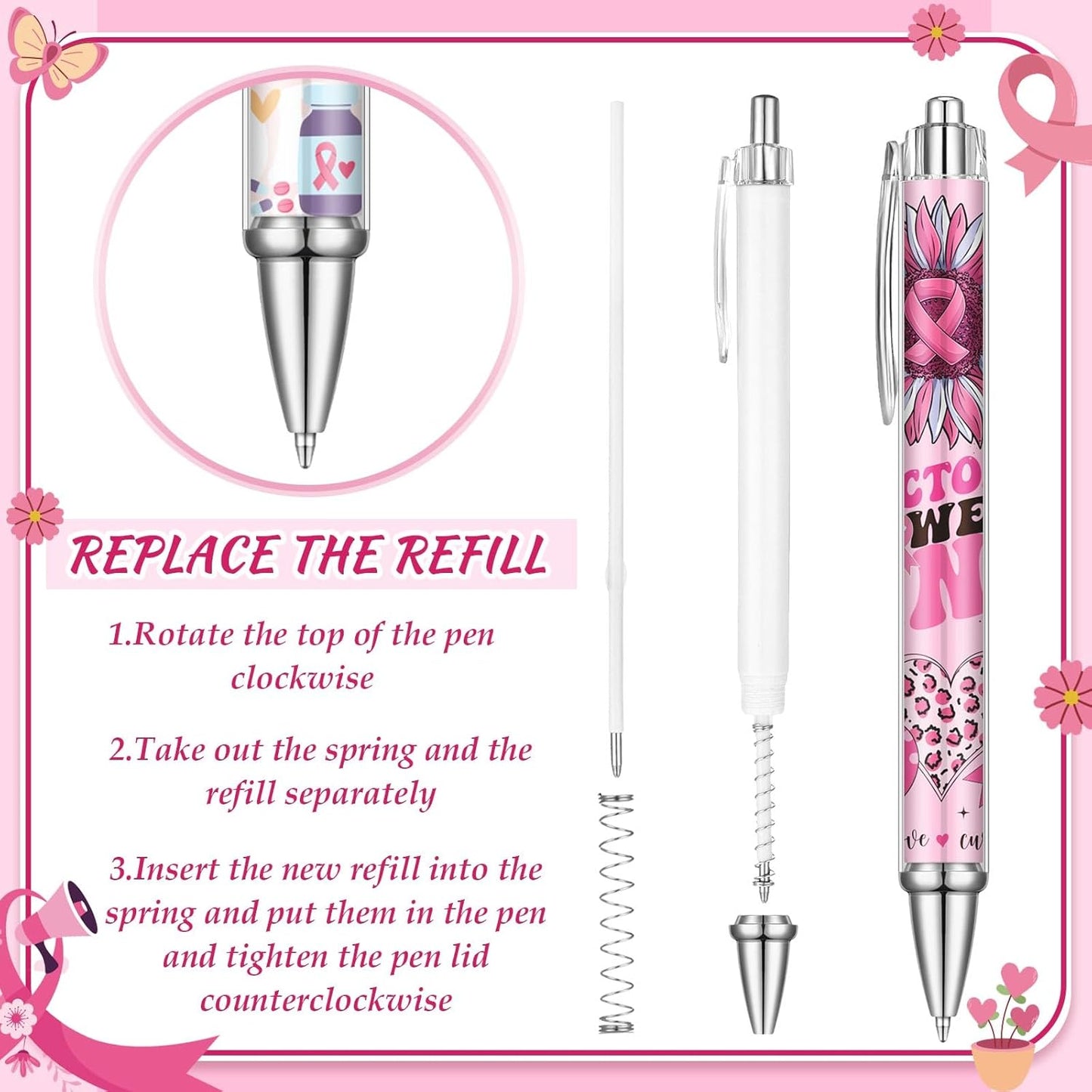 24 Pcs Breast Cancer Awareness Gift Pen Pink Ribbon Black Ink Ballpoint Writing Pen Breast Cancer Awareness Party Favors Pink Ribbon Party Supplies Accessories Item Bulk Gift for Women Nurse