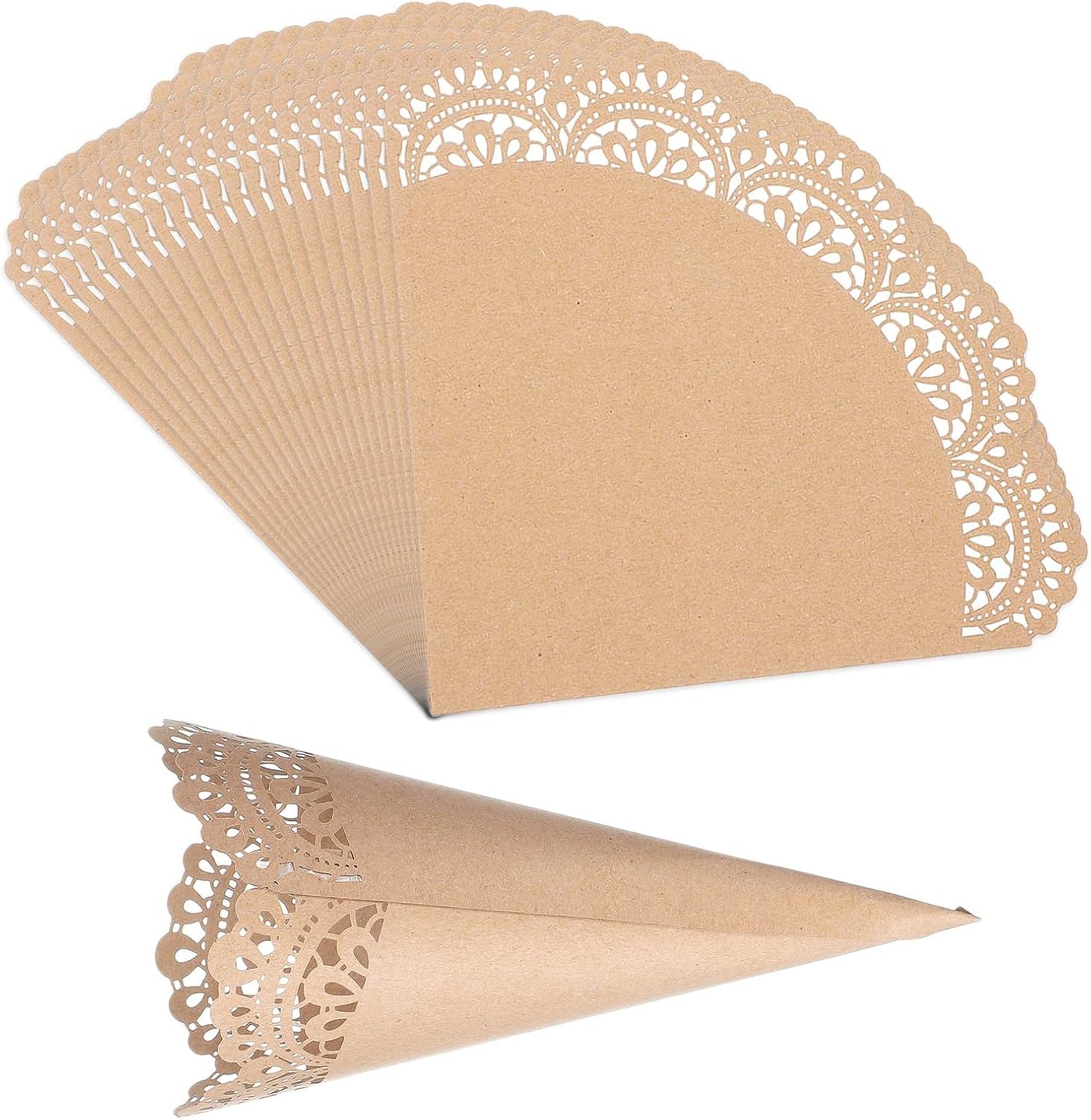 PATIKIL Wedding Confetti Cones, 50 Pcs Paper Tapers Hollow Print Lace Cone Bouquet for Party Candy Gift Boxes Chocolate Bags Buffet Bachelor Party Petals, Brown