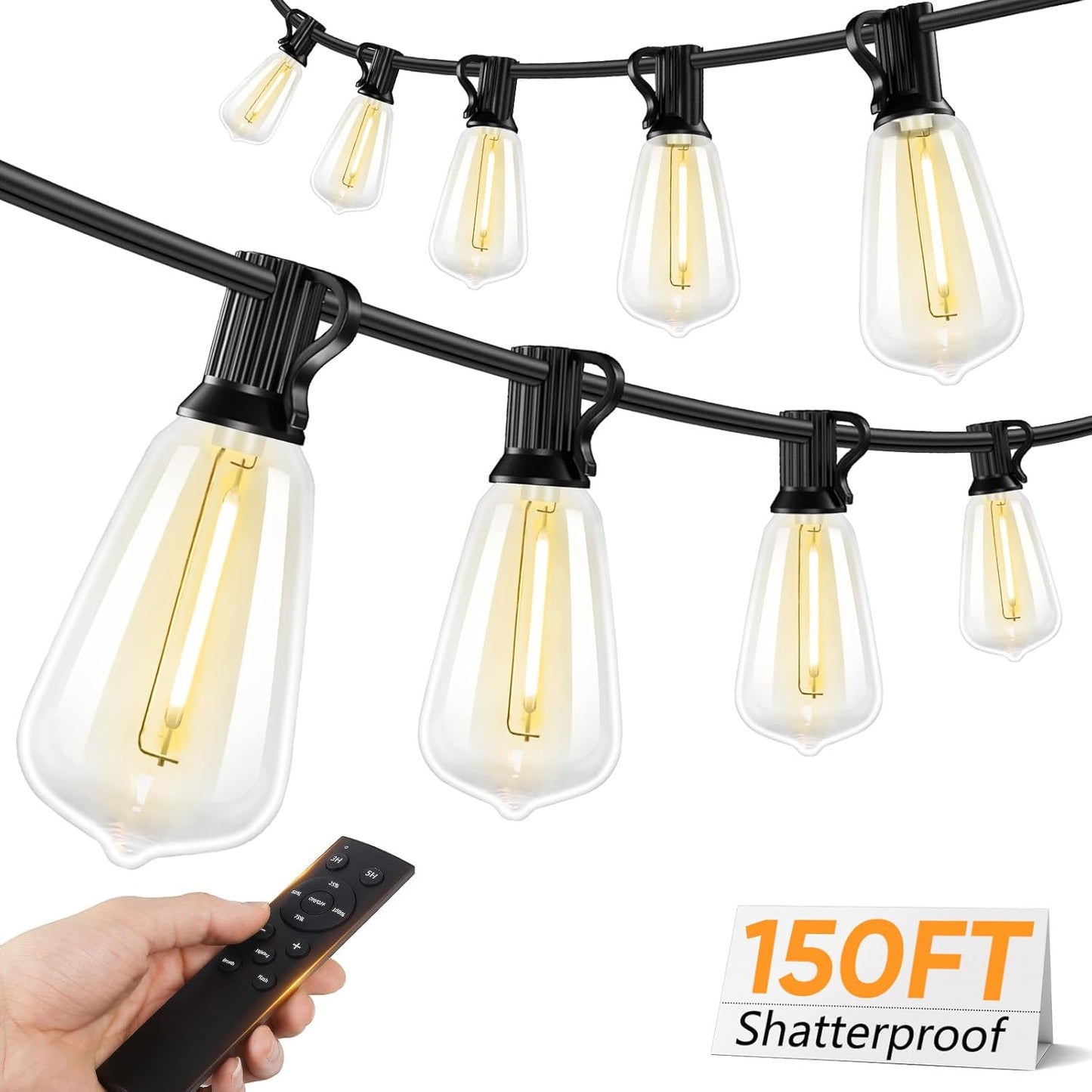 Brightever LED Outdoor String Lights, 150FT Dimmable Patio Lights with Remote Control, 45+2 Shatterproof ST38 Edison Bulbs, 3 Lighting Modes, 3H/5H Timer, Outdoor Hanging Light for Holiday, Party
