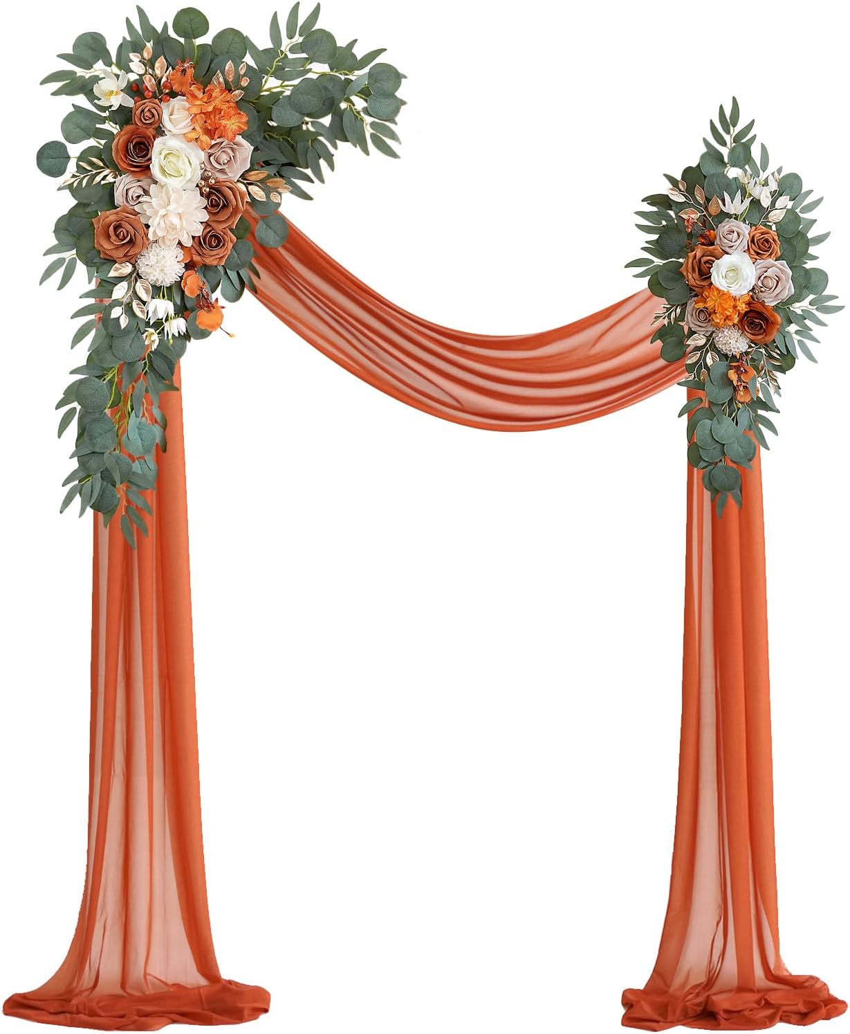 Burnt Orange Artificial Wedding Arch Flowers Kit (Pack of 3) with 26Ft Terracotta Shiny Arch Draping Fabric for DIY Wedding Party Ceremony Reception Backdrop Floral Decoration