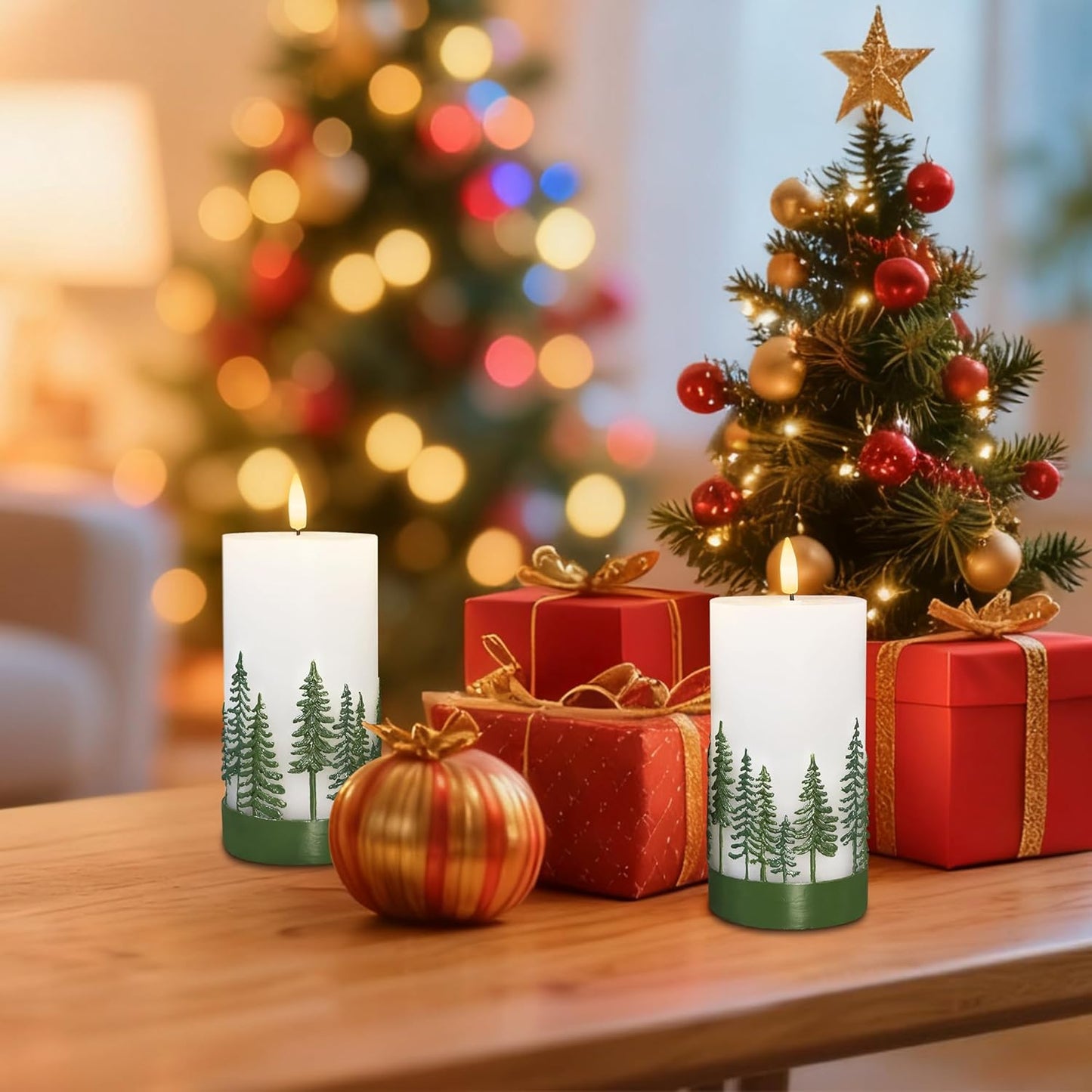 Silverstro Holiday Flameless Candles Green Hand Drawn Christmas Tree Design with Remote Control, Flickering Real Wax Christmas LED Candles - Home Party Bathroom Room Xmas Decorations - Set of 2