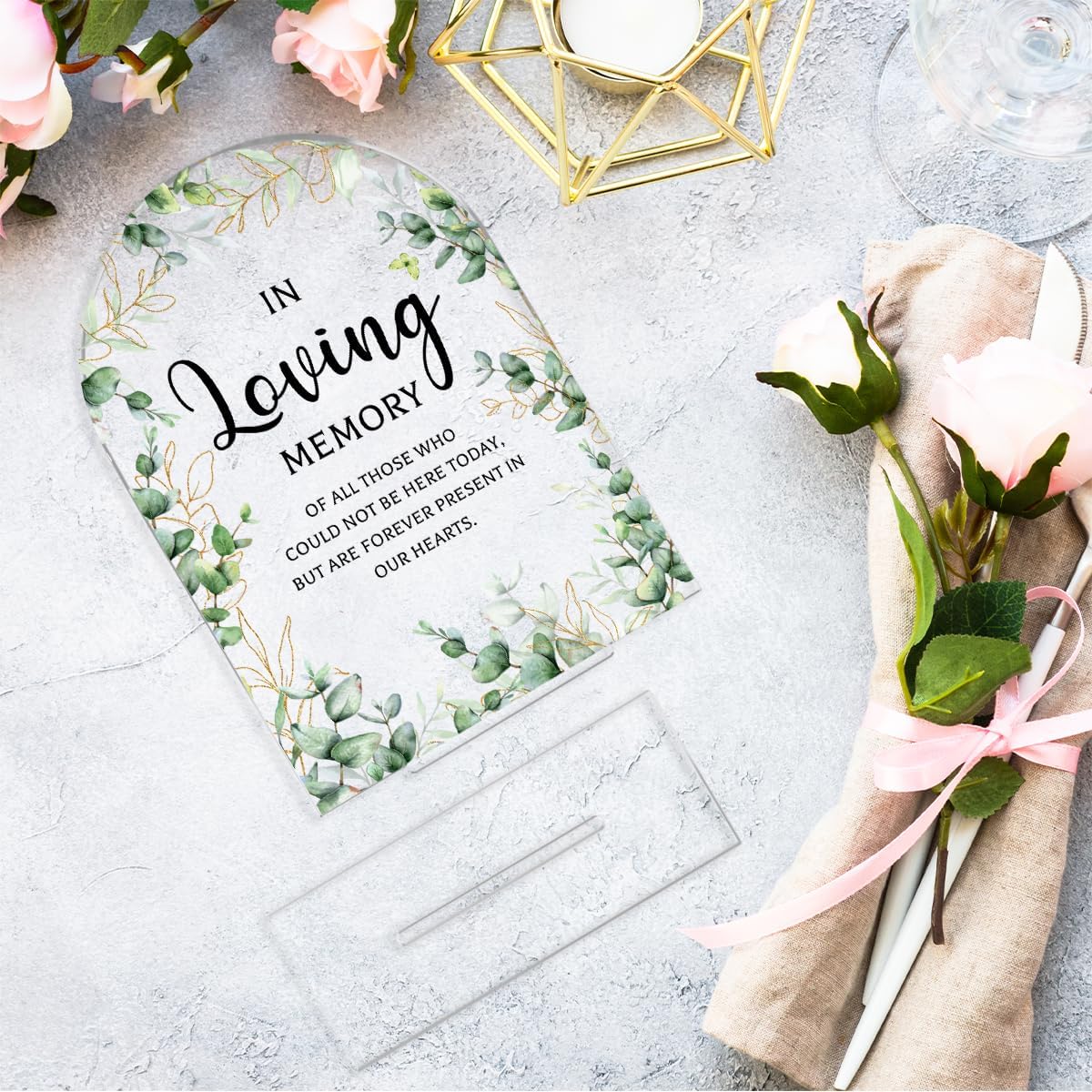 Wedding Memorial Sign，In Loving Memory Wedding Sign，Weddings Supplies 5x7 Inch, Wedding Decor Loving Memory Sign for Ceremony And Reception，Arch Acrylic Table Signs for Wedding, Anniversary (Foliage)