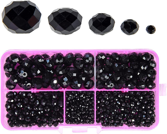 2-10mm Briolette Rondelle 810pcs Black Crystal Glass Beads Faceted Shape Crystal Spacer Beads for Bracelet Necklace Decorative Hand Jewelry Making (2/4/6/8/10mm Black)