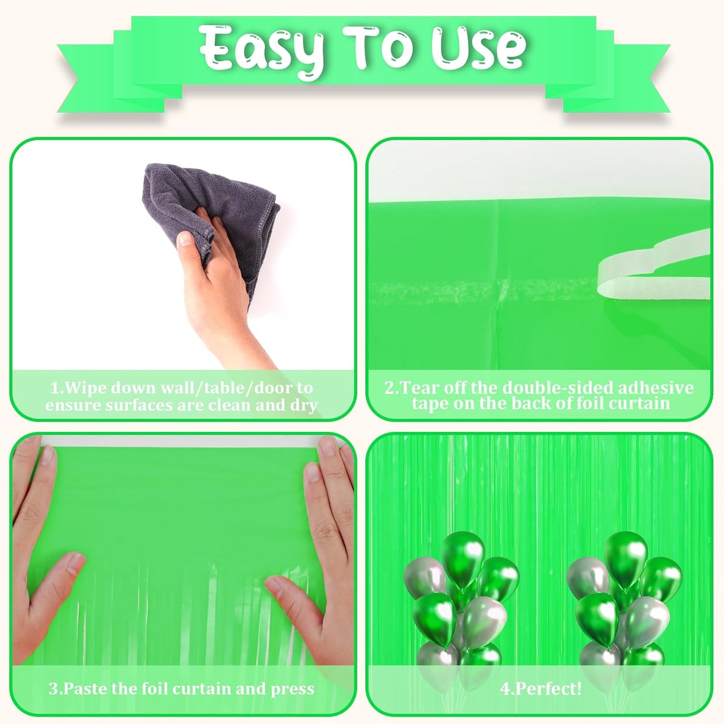 2 Pack Pastel Green Foil Fringe Backdrop Curtains, Tinsel Streamers Party Decorations, Fringe Backdrop for Baby Shower, Birthday Party