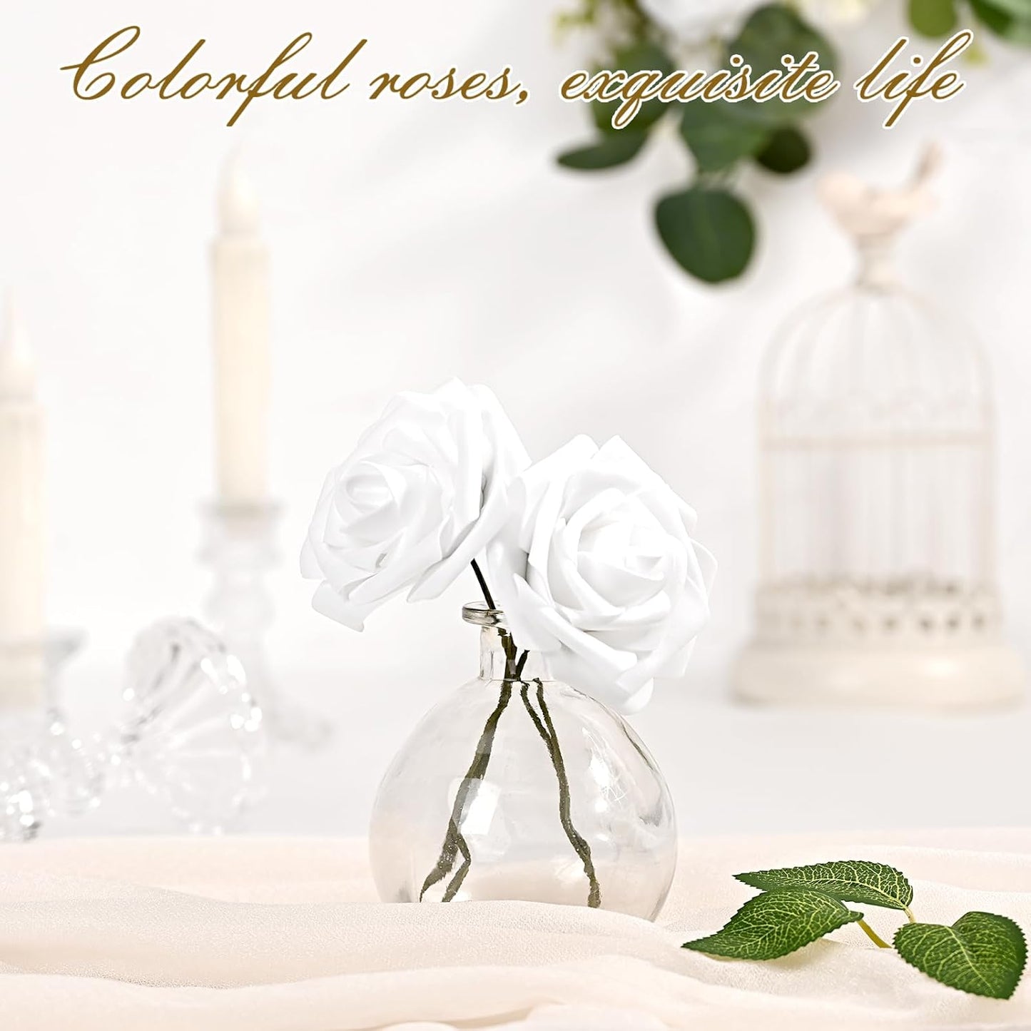 BLEUM CADE 16Pcs Artificial Flowers Fake Roses with Stems, White Boxed Foam Roses for DIY Bouquets Centerpieces Wedding Party Arrangement Bridal Shower Decor