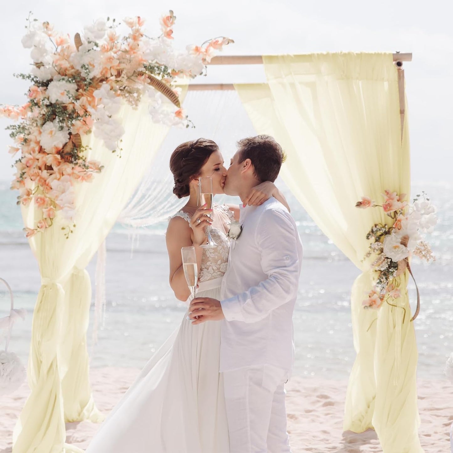 VOK Wedding Arch Draping Fabric Chiffon Fabric, 29in x 18Ft 2 Panels Sheer Chiffon Outdoor Curtain for Wedding Ceremony Birthday Party Decoration (Light Yellow,2 Panel)