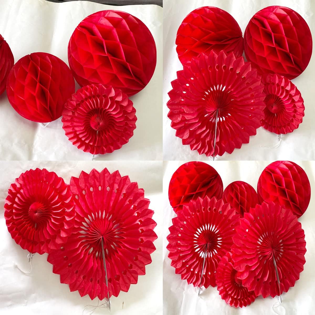 12pcs 6'' 8'' Red Honeycomb Balls Tissue Paper Fans Party Honeycomb Ball Fans Wall Decor Tissue Pom Poms Flower Balls Hanging Paper Fans for Party Baby Shower Birthday Wedding Nursery Decor(red kit)