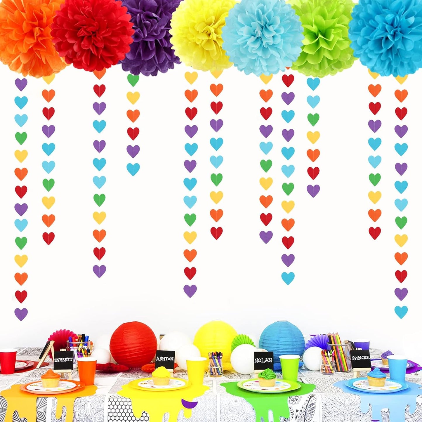 Rainbow Colorful Party-Decorations Heart Garland - 52ft Red Orange Yellow Green Blue Purple Streamers Banner,Boy Girl Kids Birthday Supplies Baby Shower Wedding Welcome Back to School Decor Panduola