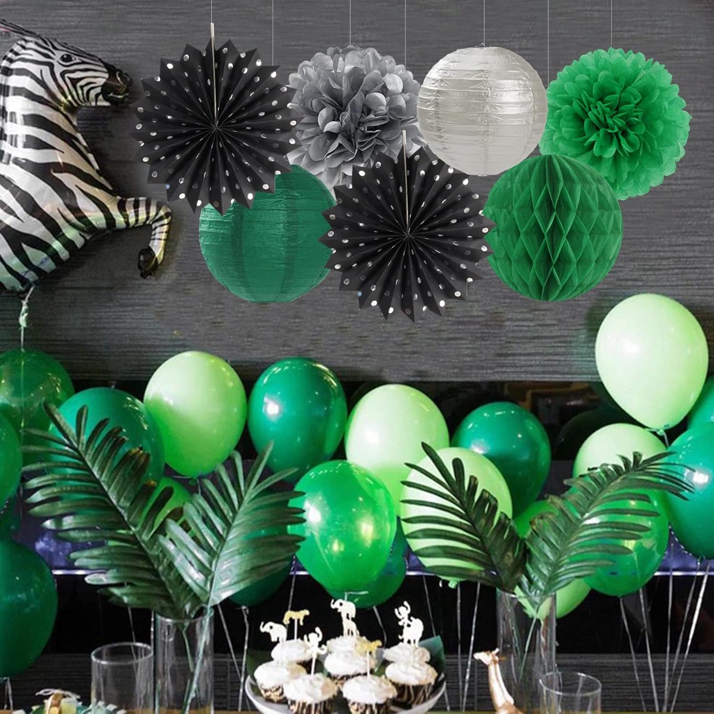Black-Green Silver Party-Decorations Streamers Lanterns - 14pcs Graduation 2025 Paper Lanterns Fan,Tissue Pom Poms Streamer,Honeycomb Balls,Soccer Supplies Men Boys Birthday Baby Shower Decor Ouruola