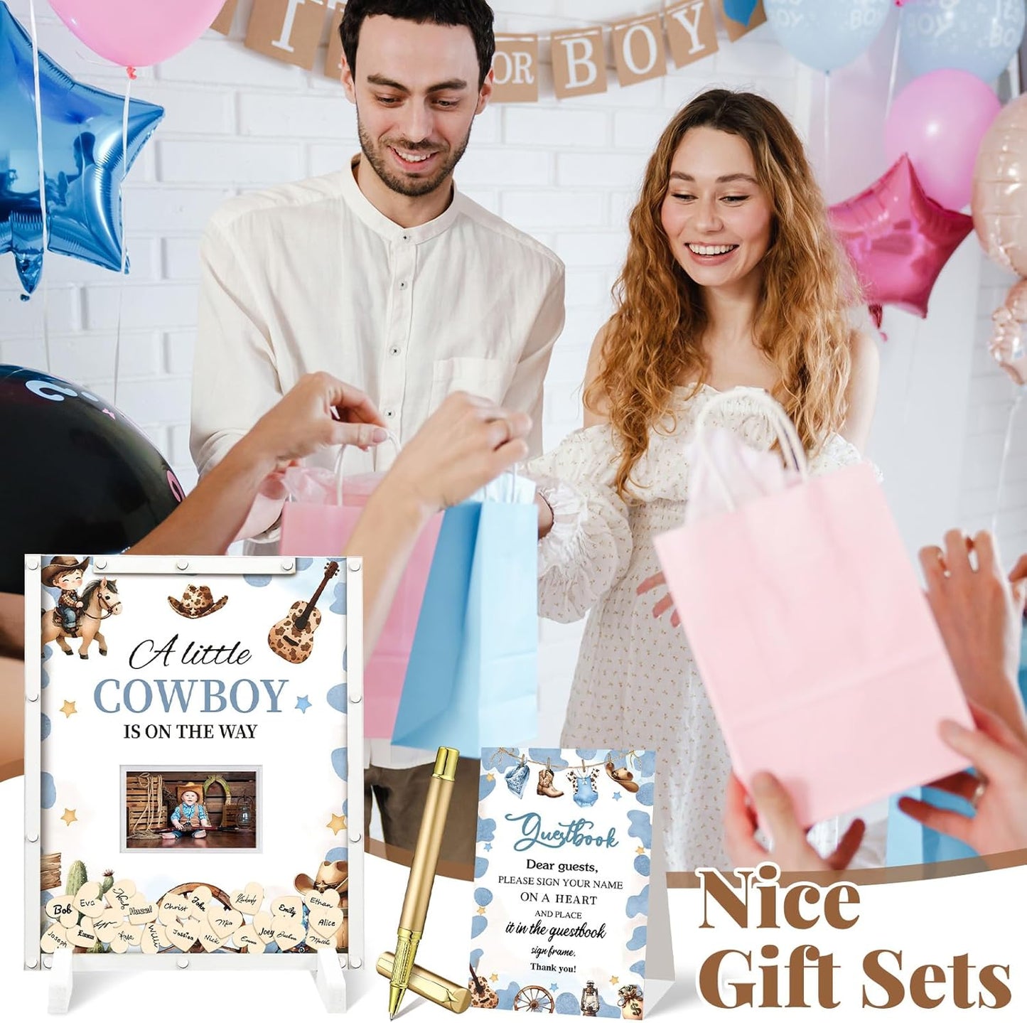 65 Pcs Cowboy Baby Shower Decorations Guest Book Alternatives a Little Cowboy is on The Way Decorations Western Baby Shower Party Supplies Sign in Guest Book with Picture Frame and 60 Wooden Chip