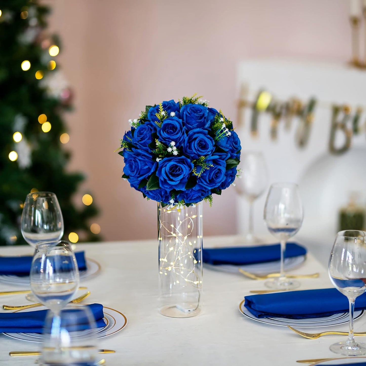 BLOSMON Blue Flowers Artificial for Decoration: 2 Pcs Fake Roses Flower Balls Centerpiece for Wedding Table - Silk Kissing Bouquet with Base Floral Arrangement for Home Party Event Decor