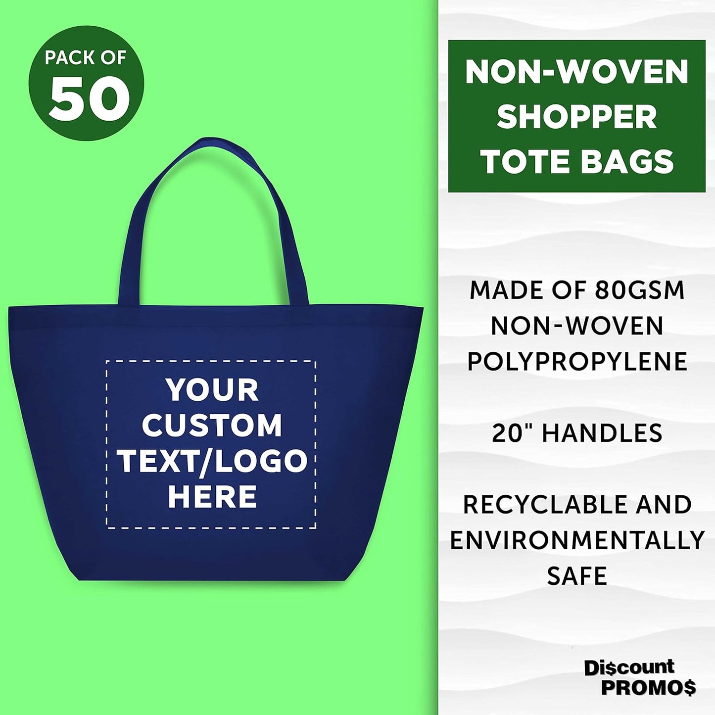 DISCOUNT PROMOS Custom Southern Style Grocery Tote Bags Set of 50 - Personalized Bulk Pack, Reusable Grocery & Shopping Bags - Great for Travel, Business Promotions - Navy Blue - 20"X13"X8"