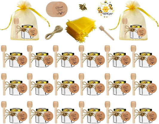IIKUM 20 Pack Glass Honey Jars, 1.5 oz Hexagon Honey Pots with Lids, Wooden Dippers, Bee Pendants, Gift Bags, Thank You Cards, Jutes and Stickers-Ideal Gift for Baby Shower, Wedding and Party Favors