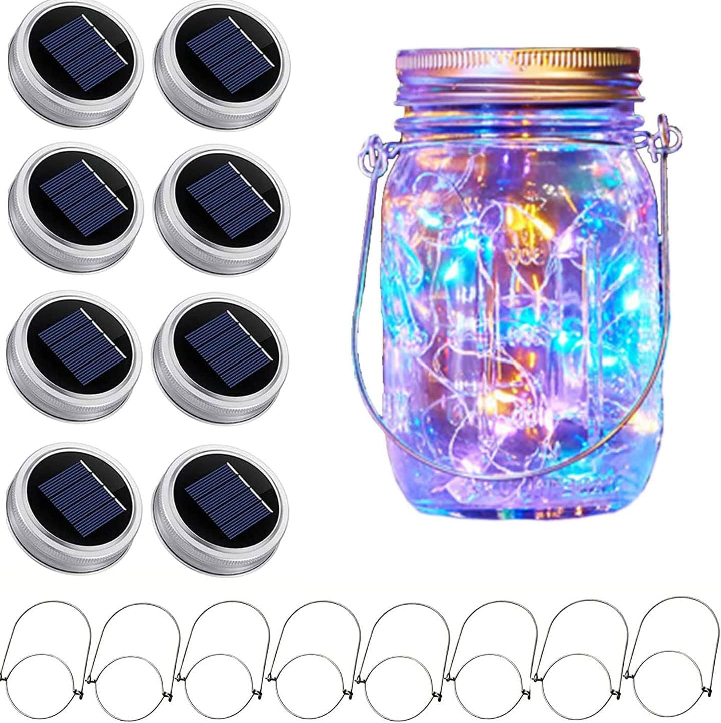 Solar Mason Jar Lid String Lights, 8 Pack 20 Led String Fairy Star Firefly Jar Lids Lights with 8 Hangers Included, for Patio Garden Wedding Lantern (Multi-Colored)