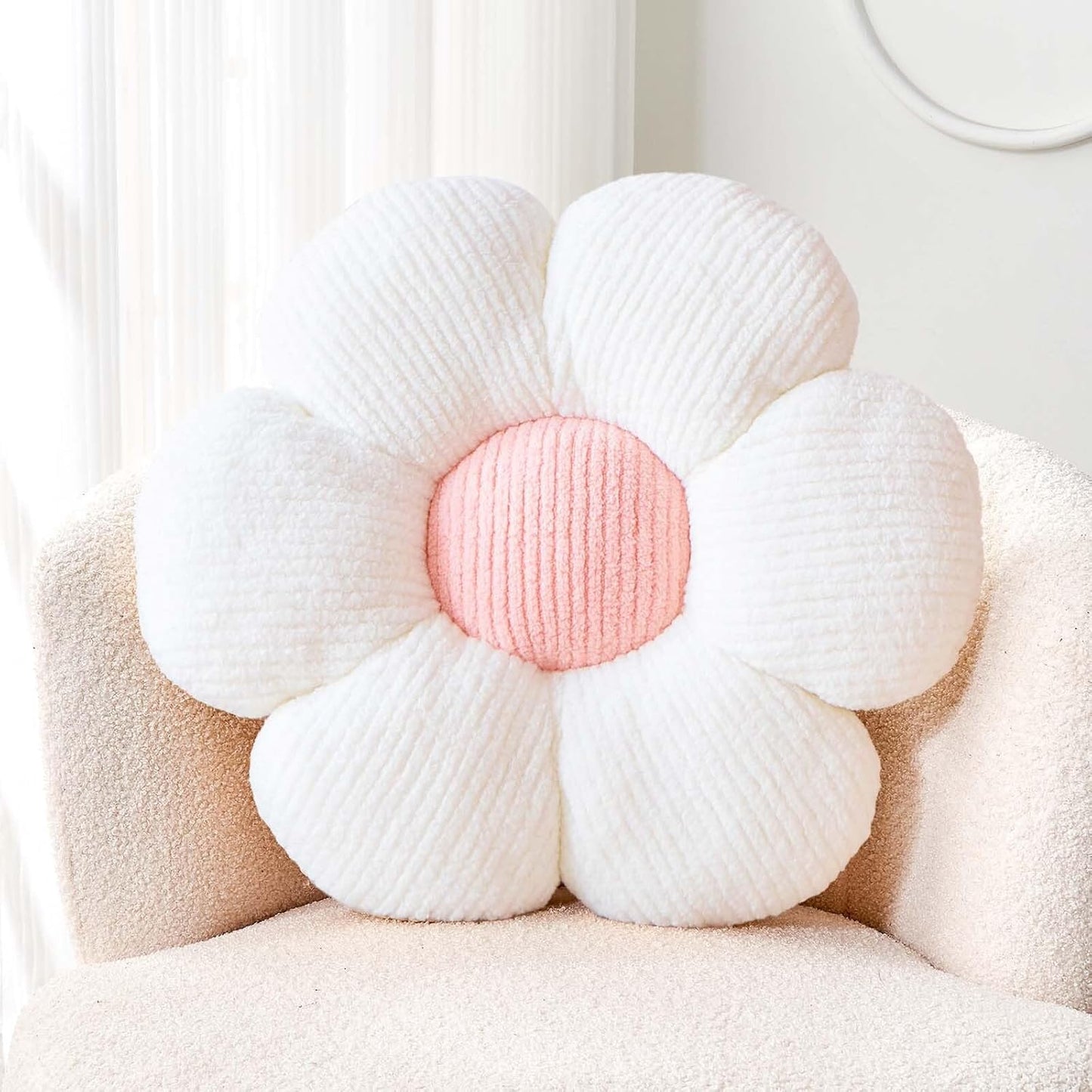 Soft White Pink 17.7" Flower Pillow for Home Decor, Cute Shaped Floor Pillow Aesthetic Plush Decorative Pillow for Bed Sofa Couch