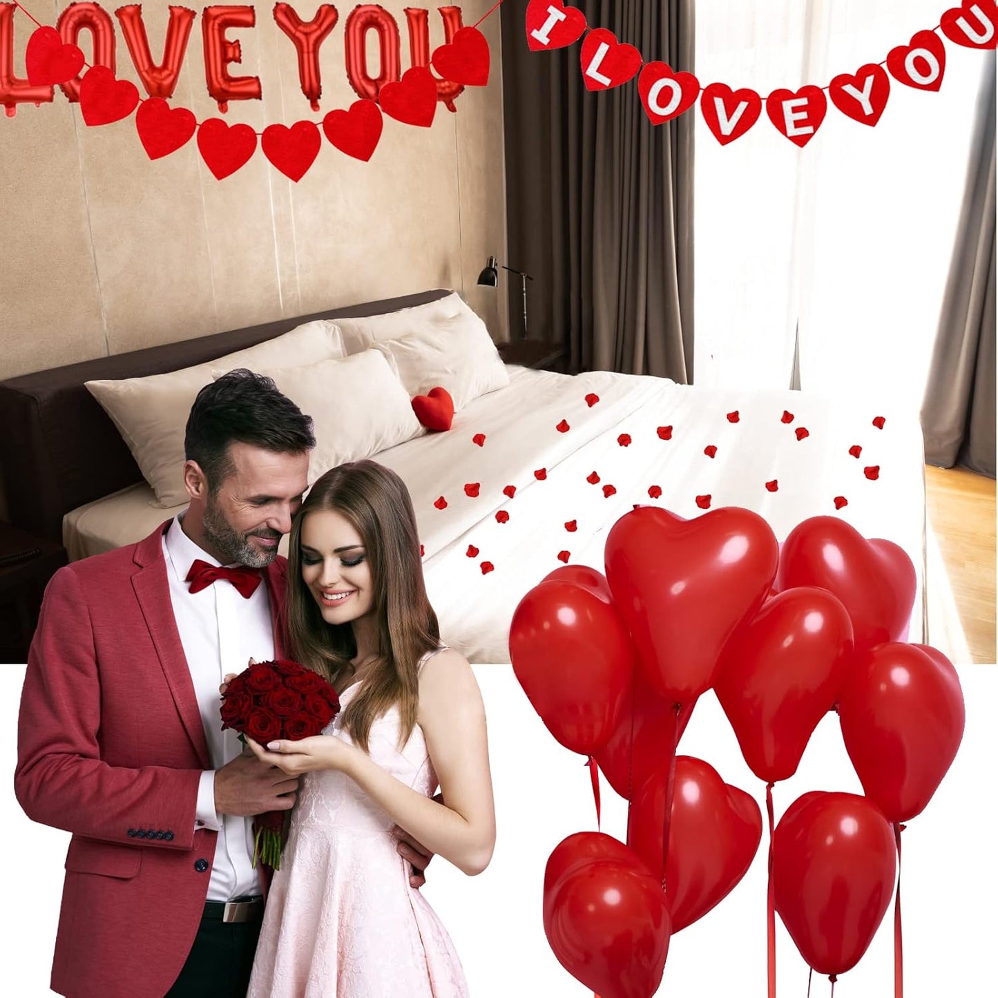 Rainmae Valentine Day Party Supplies I Love You & Love-Bear Balloons Kit with 1000 Pcs Dark-Red Silk Rose Petals & Romantic Flower Decoration Red Heart Balloons Swirls for Wedding Decorations