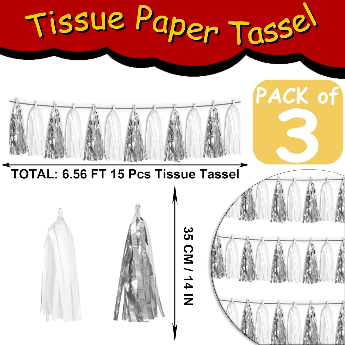 3P White Silver Metallic Fringe Tassel Banner Garland Foil Tinsel Streamer Wall Hanging Curtain Backdrop Banner for Parade Floats, Graduation Bridal/Baby Shower Retirement Party Decorations