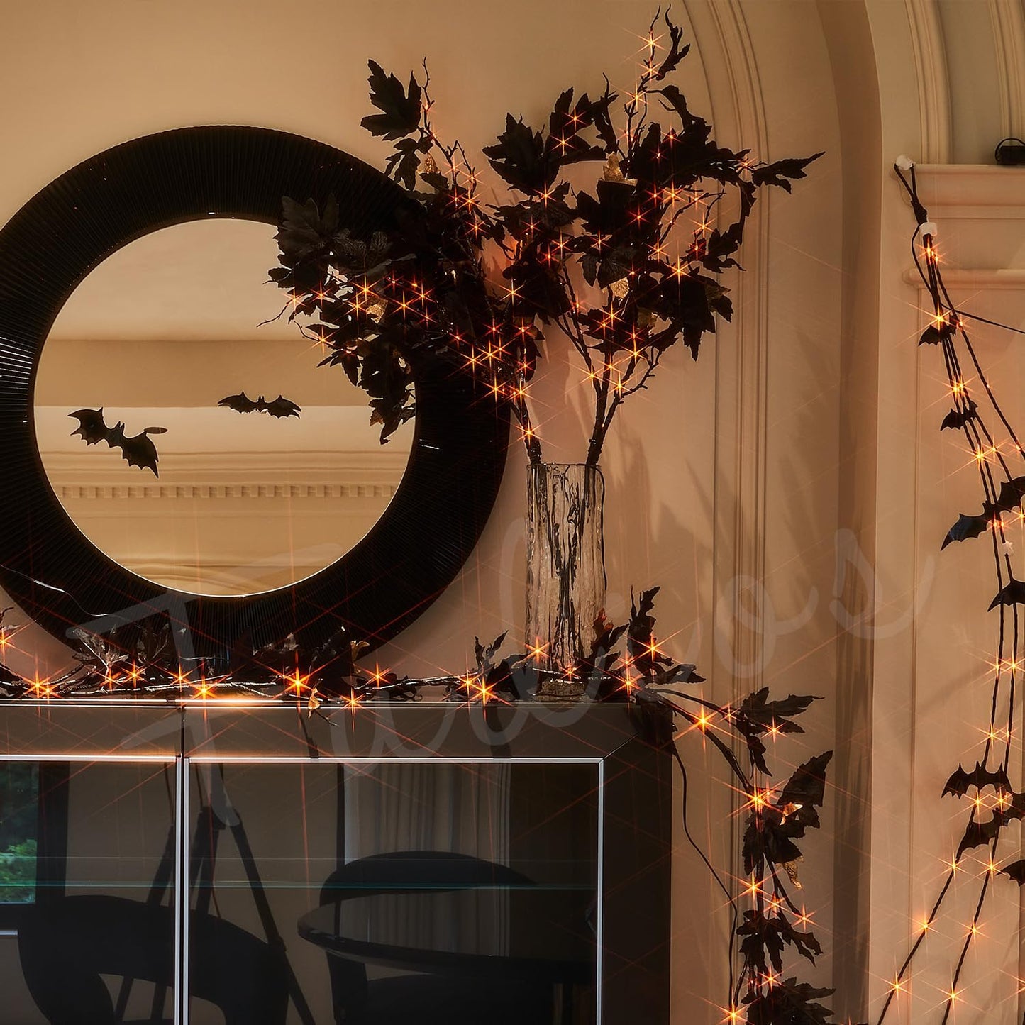 Fudios Halloween Black Branch Lights with Maple Leaves 120LED 32IN Battery Operated Thanksgiving Indoor Artificial Lighted Twig Branches with Timer Warm White and Orange Lights