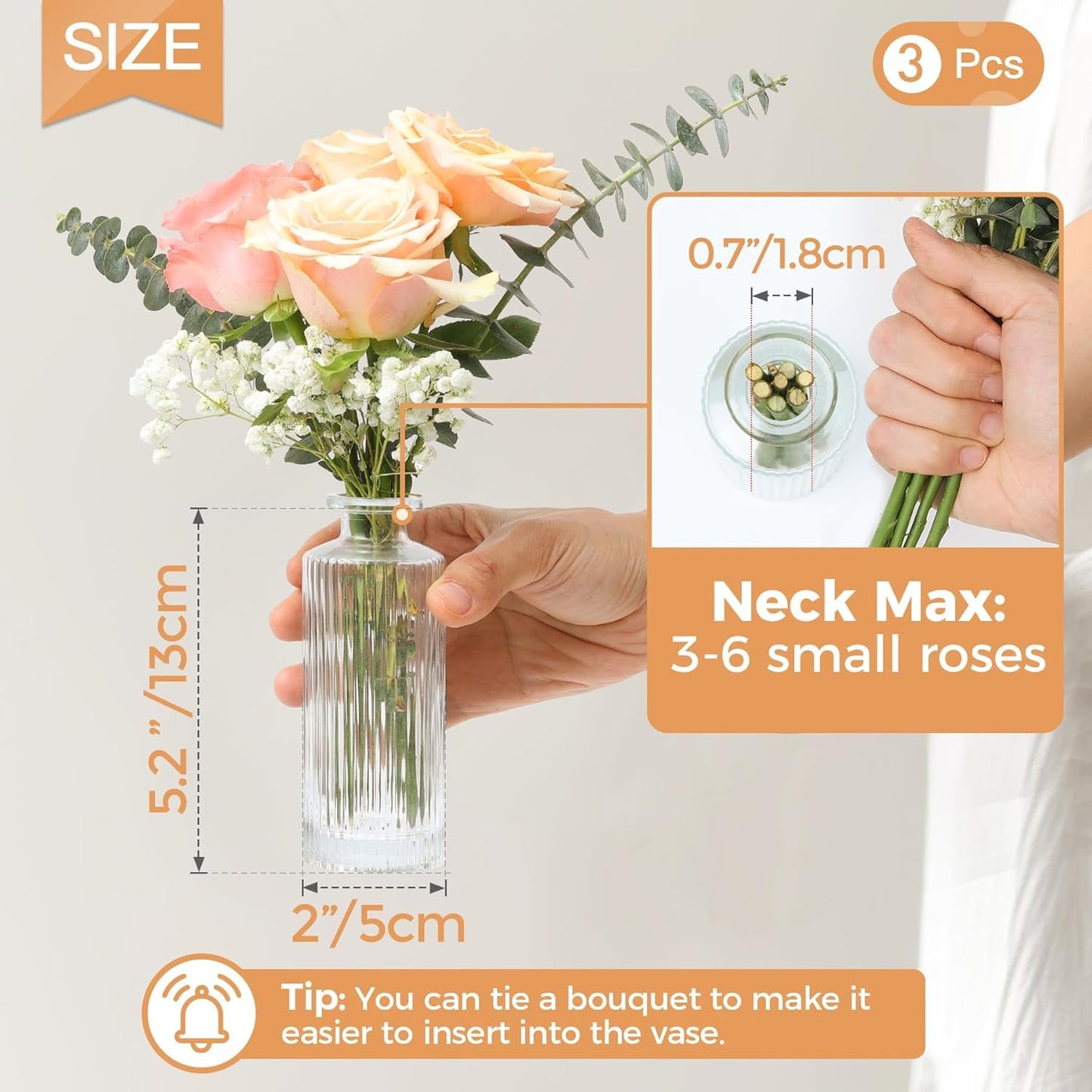 ComSaf Glass Bud Vases Set of 3, Small Flower Vases in Bulk, Mini Ribbed Vases for Centerpieces, Clear Vintage Vase for Table Decorations, Wedding, Party, Receptions, Home Decor (Different Sizes)