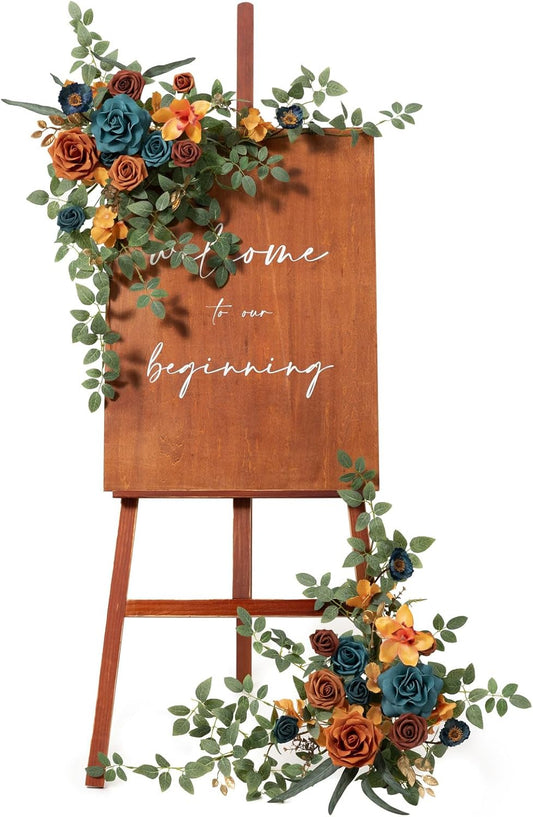 Ling's moment 2pcs Wedding Flowers Garland Artificial Floral Swag Arch Decorations Greenery Arrangements Orange & Teal Ceremony Reception Garden Easel Wall Entryway Outdoor Board(NOT Include Sign)