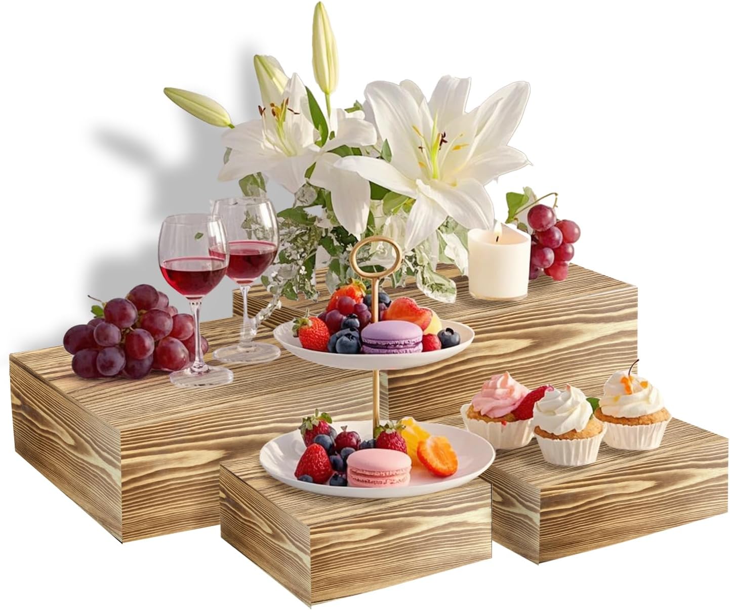 4 Pcs Buffet Risers, Wood Food Riser Dessert Display Stand for Party Wood Cupcake Stands Nesting Box for Display (Lightly Burnt)