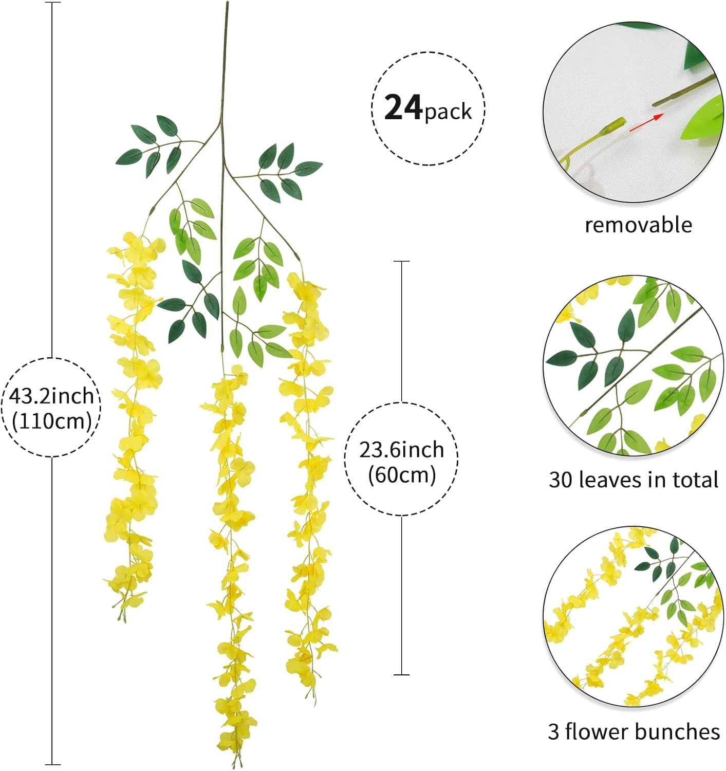 24 Pack Wisteria Hanging Artificial Flowers Fake Flowers Ratta Hanging Garland Silk Flowers String for Home Garden Party Wedding Backdrop Arch Decor (Yellow)