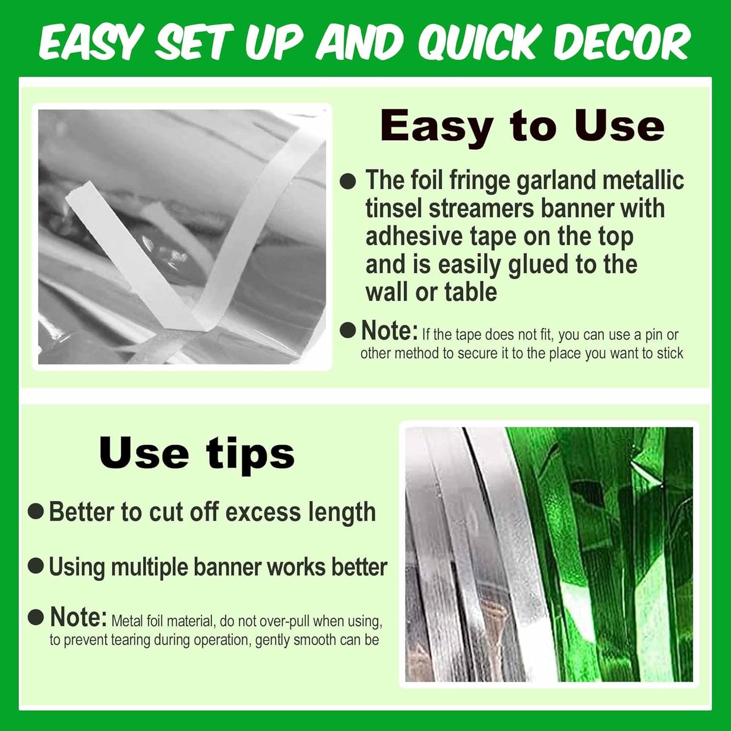 6 Pack 10 Ft Silver Green Foil Fringe Garland Metallic Streamers Tinsel Banner Wall Hanging Garland Backdrop for Parade Floats, Halloween, Christmas, Thanksgiving, New Year Party Decorations