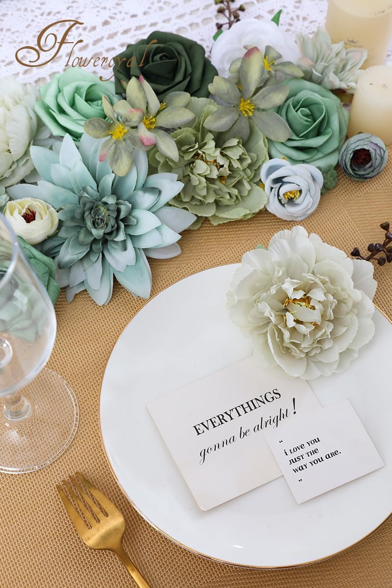 Floweroyal Artificial Flowers Combo Green Flowers Mix Silk Flowers Dahlia Roses with Stems for DIY Wedding Bridal Bouquets, Baby Shower, Floral Arrangement, Table Centerpieces, Home Decorations.