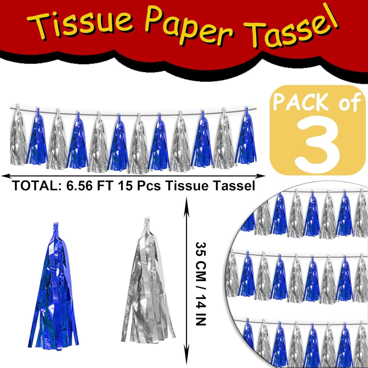 3P Navy-Blue Silver Metallic Fringe Tassel Banner Garland Foil Tinsel Streamer Wall Hanging Curtain Backdrop Banner for Parade Floats, Graduation Bridal/Baby Shower Retirement Party Decorations