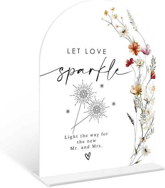 Boho Floral Let Love Sparkle Sign, 6 x 8 Inch White Arch Acrylic Wedding Sign with Holder, Wedding Sign for Ceremony and Reception, Wedding Decoration, Wedding Supplies - BX31