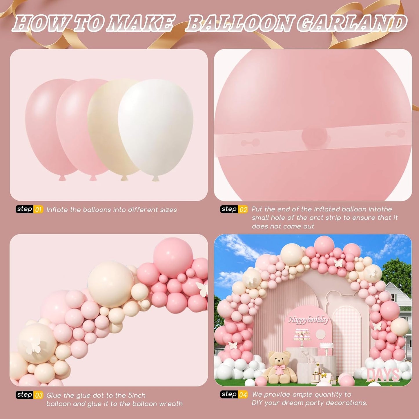 412Pcs Pink Balloon Arch Garland Kit,18 12 10 5 Inch Pink White Balloon Arch Garland Kit Include Nude Balloons for Birthday Shower Princess Theme Party Wedding Decorations