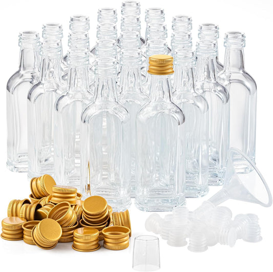 50 ml (1.7oz) Mini Small Glass Bottles With Leak Proof Gold Caps, Aluminum Lids, 24 Pack, For Liquor Wine Alcohol Ginger Shots Samples Decorative