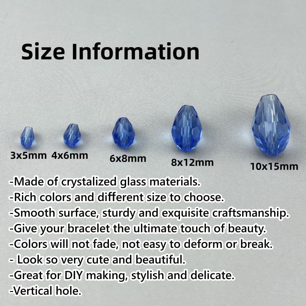 150pcs 4x6mm Teardrop Crystal Glass Beads for Jewelry Making, Faceted Vertical Hole Teardrop Glass Spacer Beads for Wind Chimes Bracelet Earring Necklace DIY Craft(Light Blue)