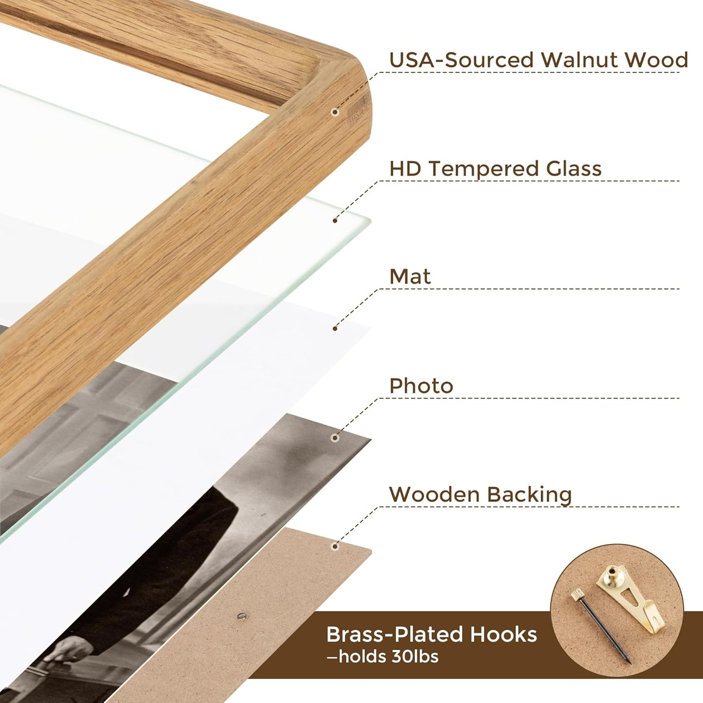 9x12 Picture Frame USA-Sourced Natural White Oak Solid Wood Photo Frame Handcrafted Rounded Corner with Mat to 6x8 Picture Display with Real Glass Family Picture, Certificate