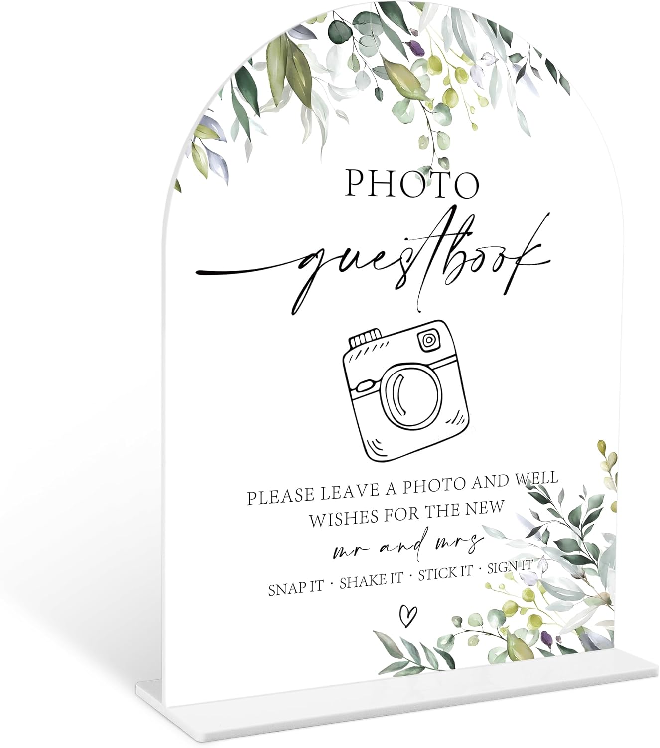 Greenery Photo Guestbook Sign, 6 x 8 Inch White Arch Acrylic Wedding Sign with Holder, Wedding Sign for Ceremony and Reception, Wedding Decoration, Wedding Supplies - LY06