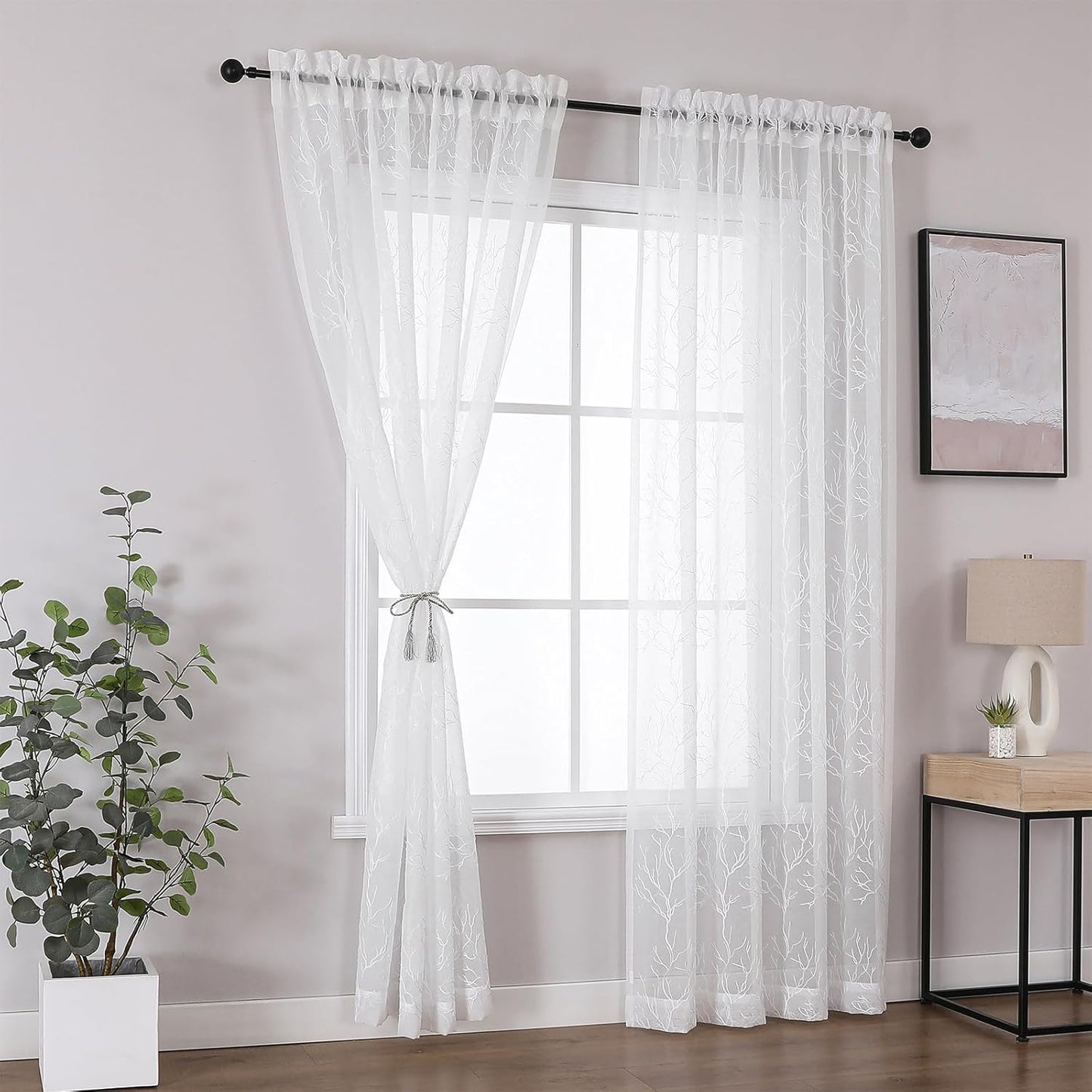 VISIONTEX Sheer Curtains 84 inch Length 2 Panels Set, Decorative White Coral Embroidery, Rod Pocket Embroidered Window Drapes for Living Room and Bedroom, 54" x 84"