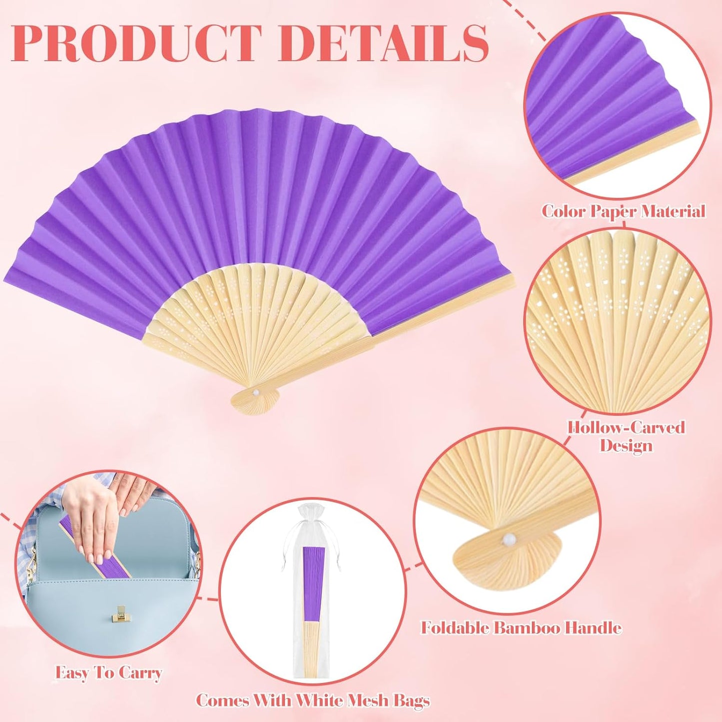 12 Pieces Purple Hand Held Bamboo Folding Fans Paper Fans Handheld for Women Foldable Girls Wedding DIY Decoration Church Home Party Favors Summer