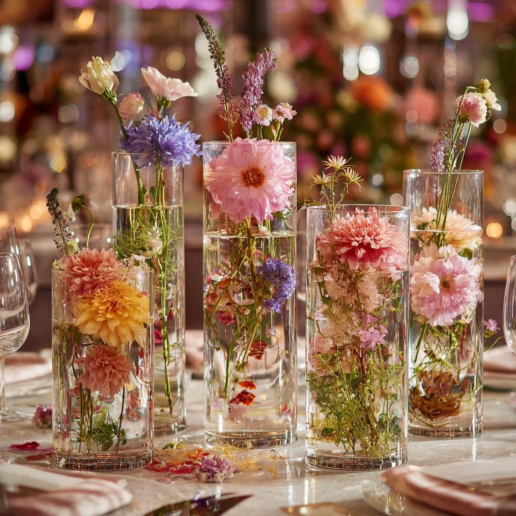 15pcs Clear Glass Vase for Centerpieces, 4,6,7.5,8,10 inch Tall Cylinder Flower Vase Bulk Floating Candle Holder for Wedding Table Home Décor and Party