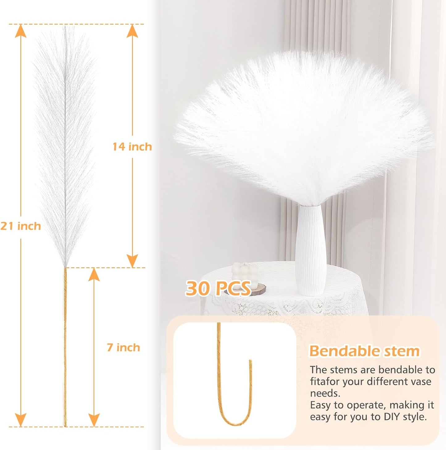 White Pampas Grass Decor 30 Pcs 21.7 Inch Faux Pampas Grass Bulk Artificial Dried Flowers Small Vase Filler Pompas Grass.