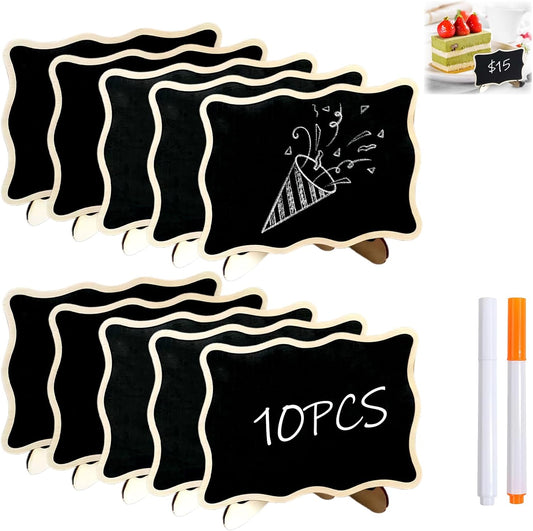 10PCS Mini Chalkboard Signs, Framed Small Chalk Board Food Labels with Easel Stand, Reusable Writable Blackboard with 2 Chalks, Wood Place Cards for Weddings, Birthday Parties, Buffet (Wave)