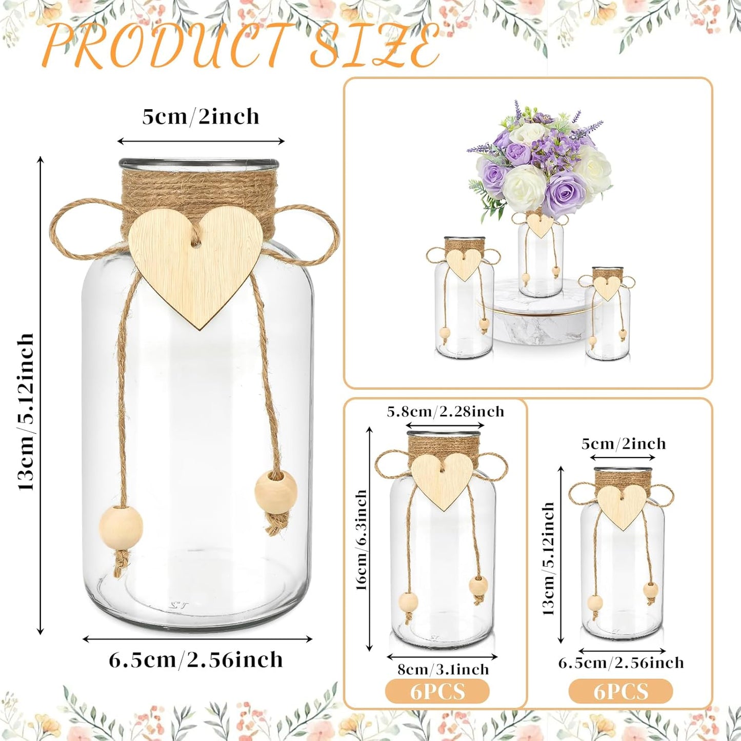 Vintage Glass Vases for Flowers, Set of 6 Mason Jar Vase Table Centerpieces for Farmhouse Room Decor, Wedding, Bridal Shower Bud Vase Set (Small)