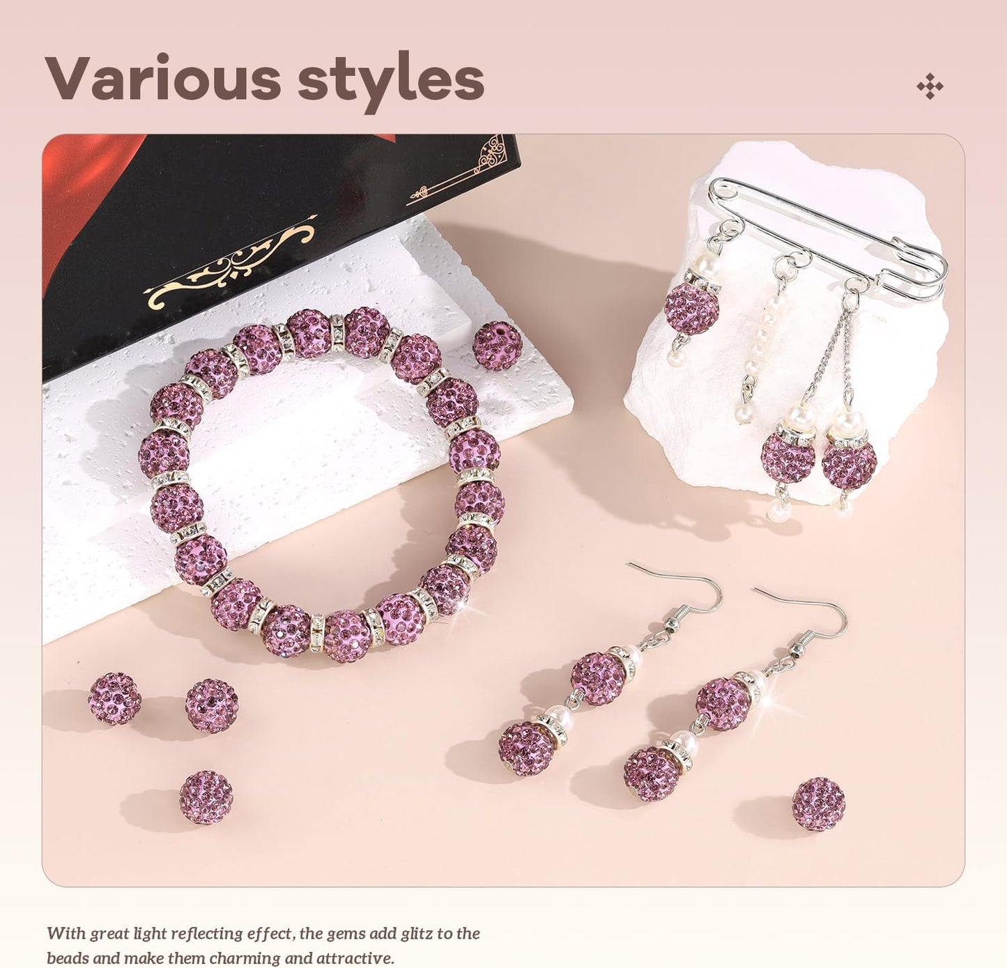 160pcs 10mm Rhinestone Beads for Jewelry Making, Light Purple Shiny Round Disco Beads Bulk, Sparkle Crystal Clay Christmas for Bracelet Baseball Necklace Earring Crafting and DIY