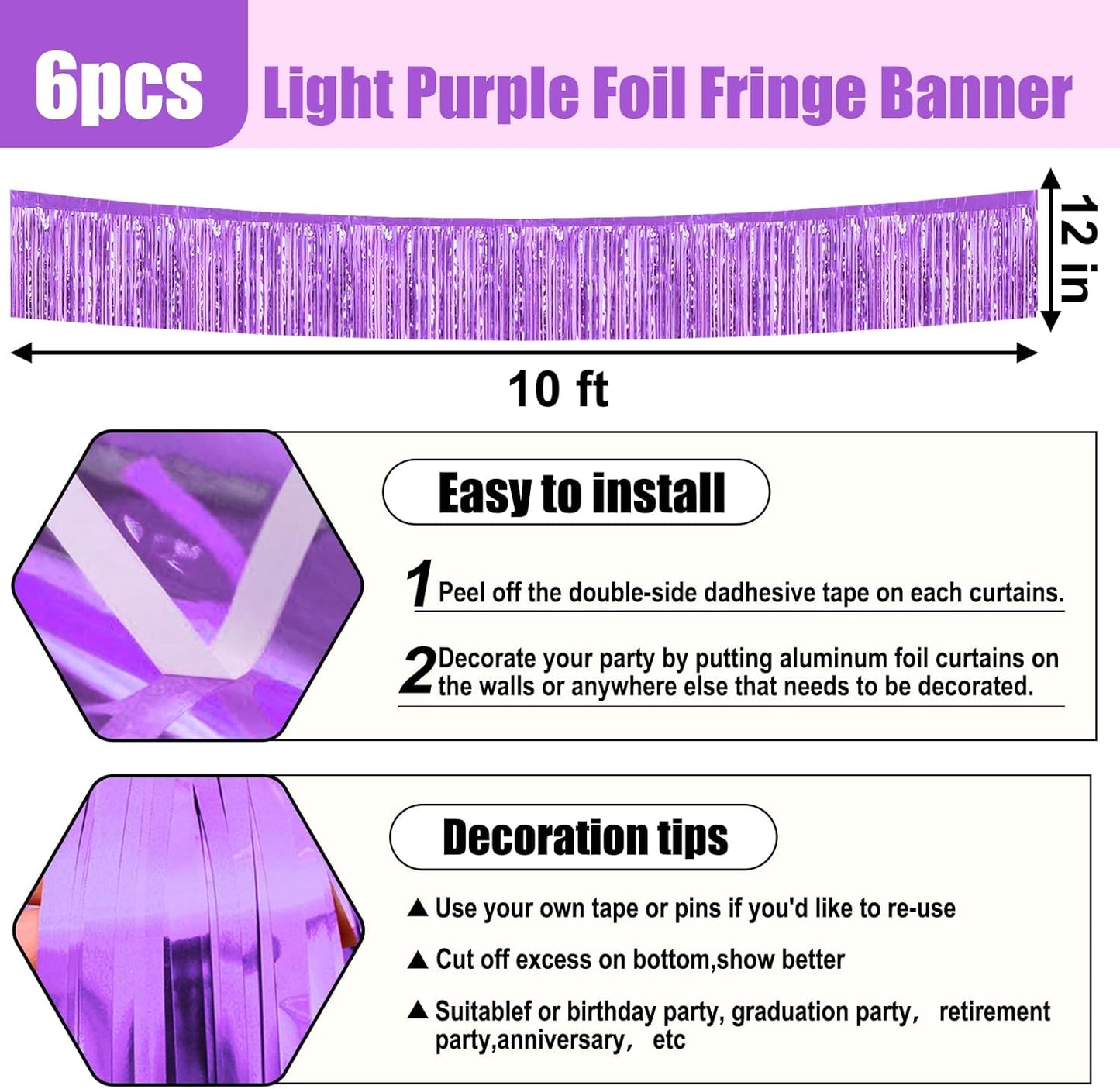 6 Pack 10 Feet Light Purple Foil Fringe Garland Metallic Tinsel Streamers Banner Wall Hanging Curtain Backdrop for Parade Floats, Birthday, Graduate, Mother's Day, Wedding Party Decoration