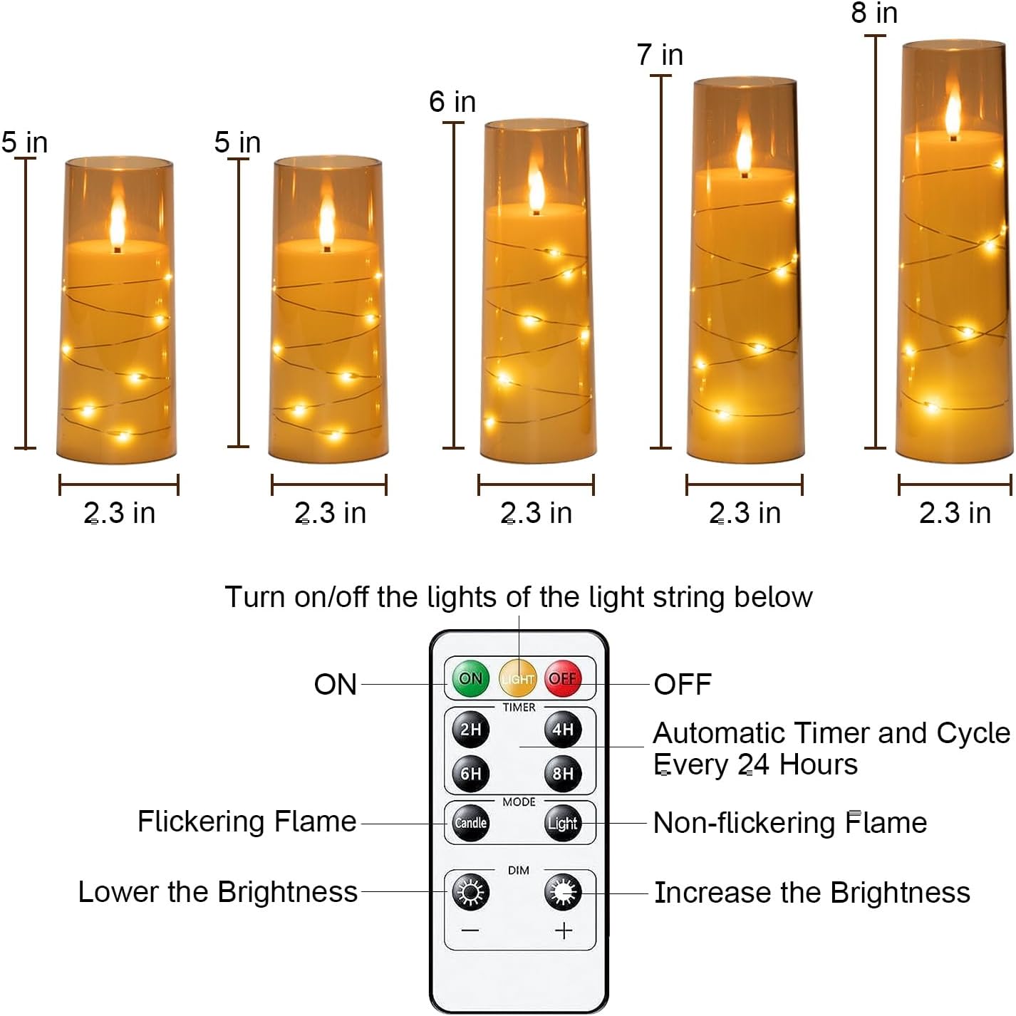 Raycare Flameless Candle with Remote Timer – 5 Flickering Acrylic Battery Operated LED Pillar Candles with Embedded Star String for Halloween, Home Decor, and as a Gift(Glod)