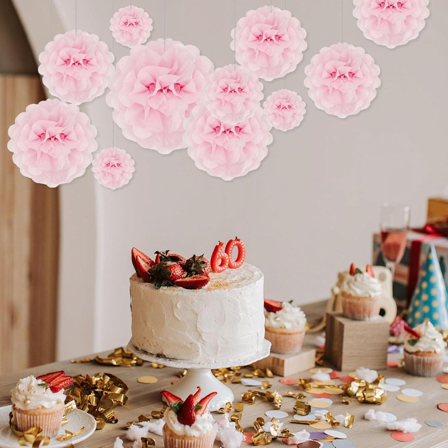 Tissue Paper Pom Poms, Light Pink Tissue Paper Flowers, Hanging Flower Balls for Weddings Fiesta Parties Birthday Baby Showers Classroom Bridal Shower Decoration (20Piece Set-6/10/12/14Inch)