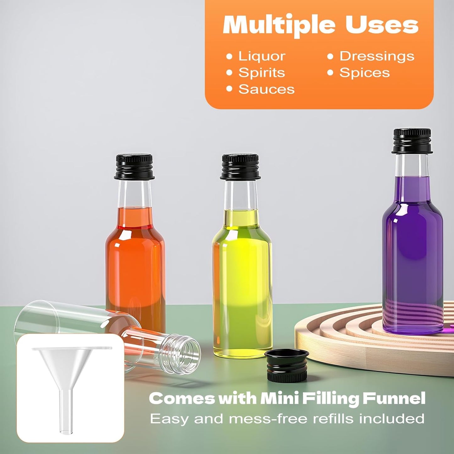 50 Pcs Mini Liquor Bottles with Black Cap, Plastic Alcohol Bottles, 2oz Leakproof Empty Spirit Bottle, Mini Salad Dressing Bottle with Funnels for Cocktail Party Weddings
