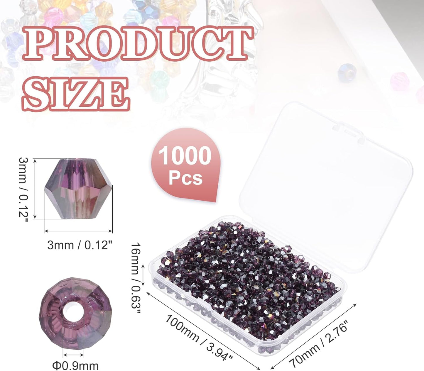 PATIKIL 1000pcs 3mm Bicone Glass Crystal Beads, Faceted Glass Spacer Beads with Box for Jewelry Making Bracelet Necklace Earrings DIY Suncatcher Craft, Violet AB