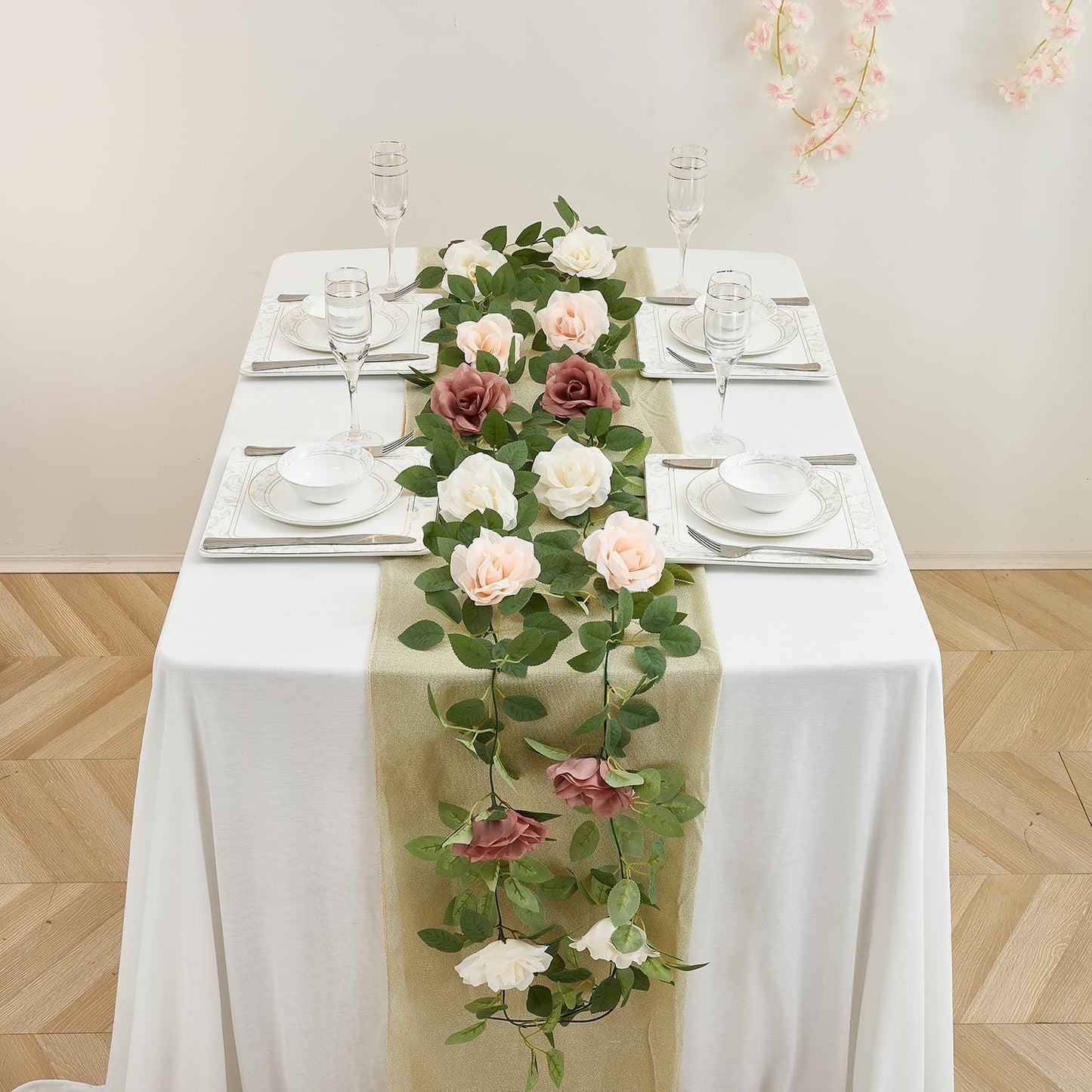 Artificial Rose Garlands Rose Vines Leaves Banners Hanging Floral Garland Fake Rose Flower Vine for Wedding Arch Ceremony Home Garden Outdoor Party Wall Decorations