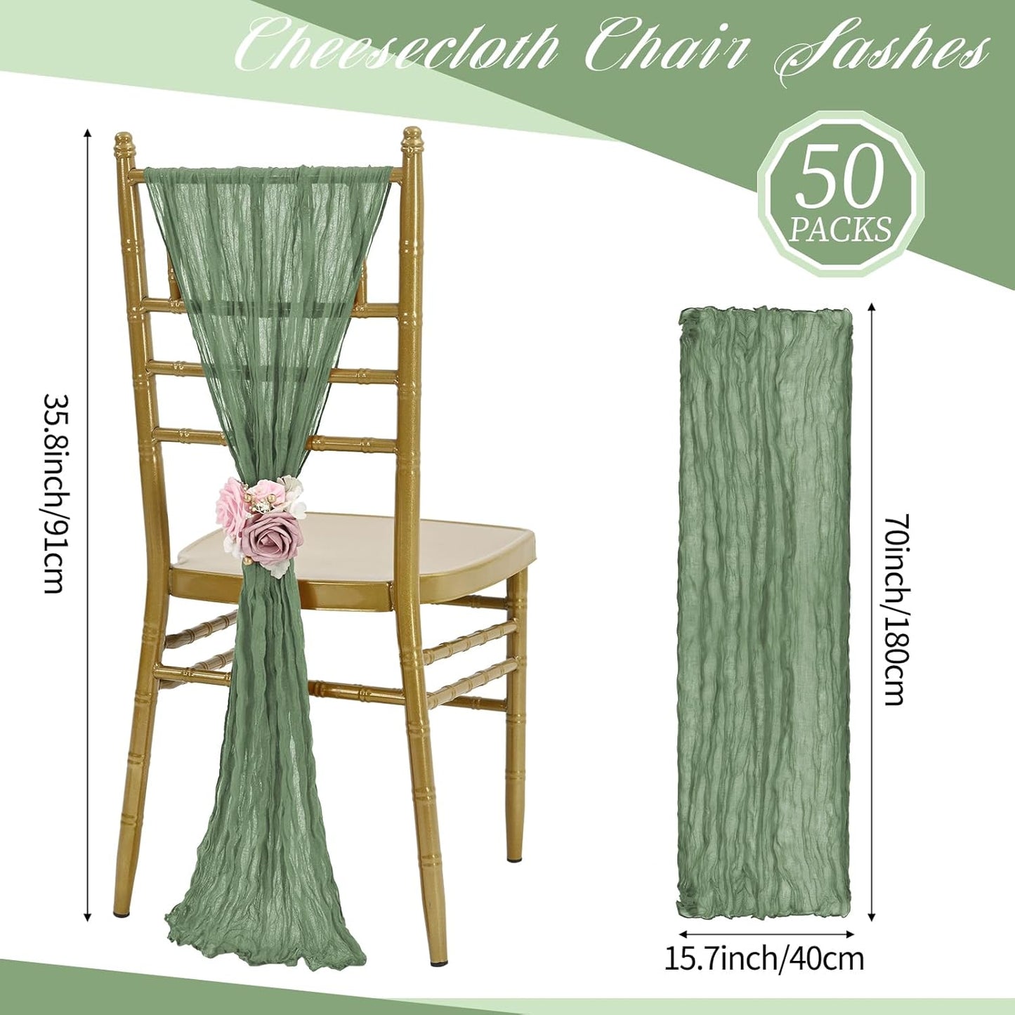 50 PCS Cheesecloth Chair Sashes, Bows Designed ChairSashes, 15.7x70 inch Chair Sashes for Aisle Decorations Universal Chairs Cover Decoration for Wedding Reception Party Banquet (Sage Green)